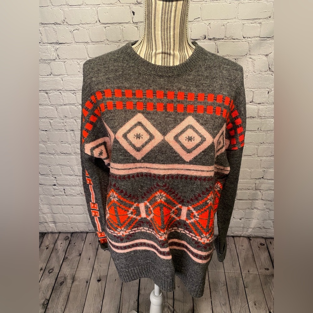 J. Crew Gray and Red Patterned Sweater